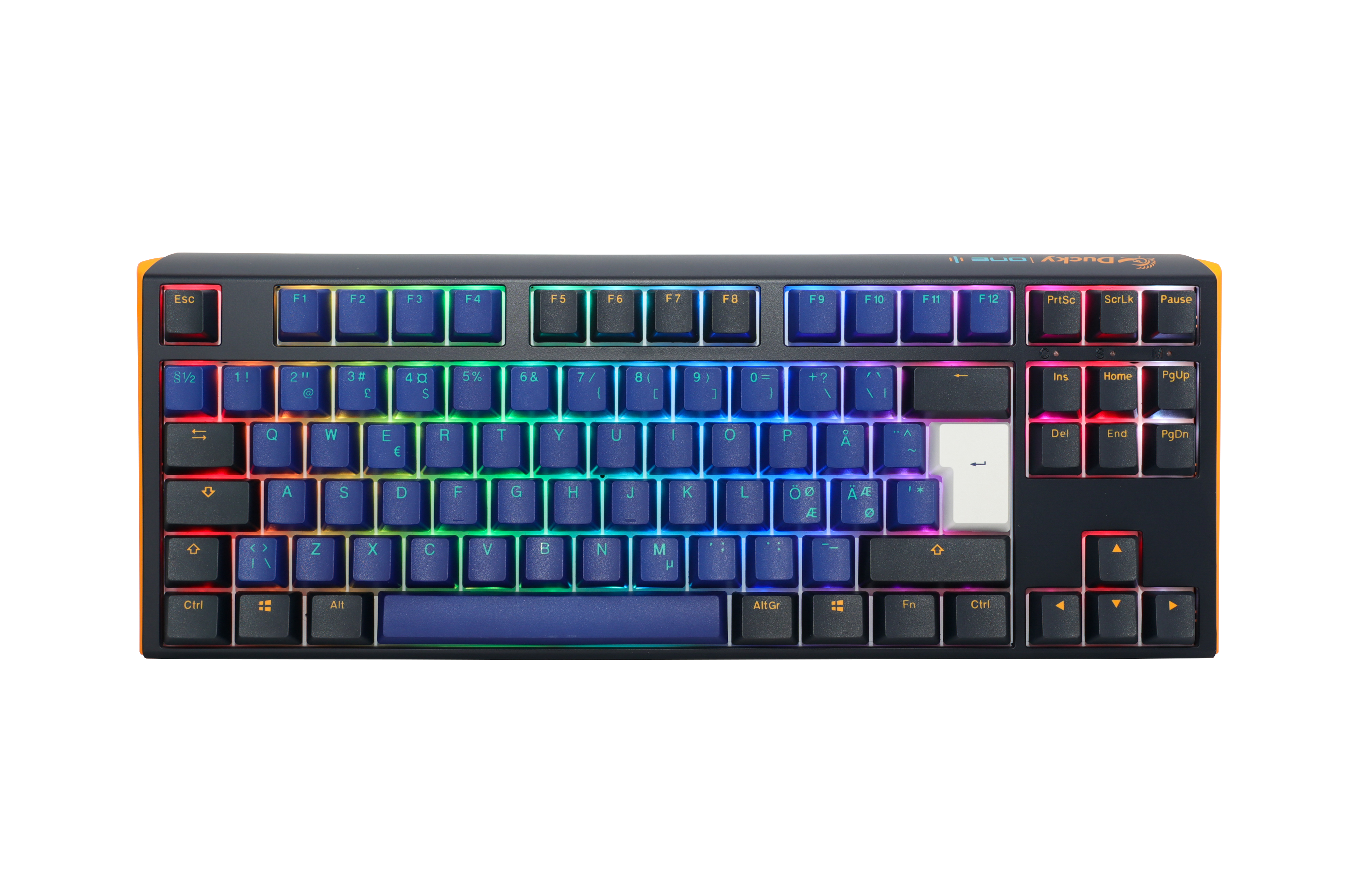 A compact mechanical keyboard with a colorful backlit design featuring rainbow hues across the PBT keycaps, isolated on a white background. The Ducky One 3 - Horizon Nordic - TKL - Cherry Blue.