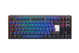 A compact mechanical keyboard with a colorful backlit design featuring rainbow hues across the PBT keycaps, isolated on a white background. The Ducky One 3 - Horizon Nordic - TKL - Cherry Blue.