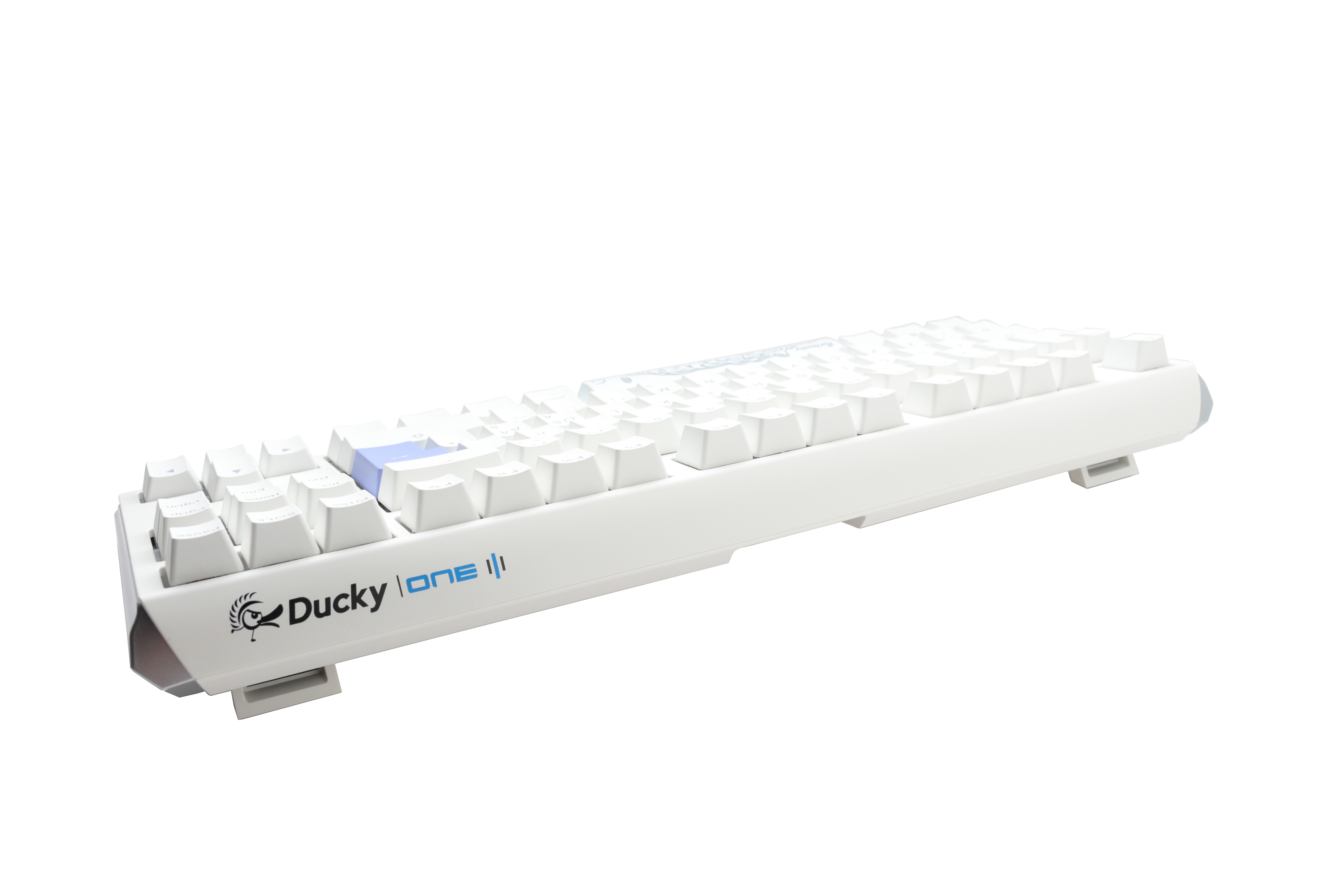 A white Ducky One 3 - Pure White Nordic - TKL - Cherry Red mechanical keyboard with raised PBT keycaps and the Ducky logo on the bottom right, set against a white background.