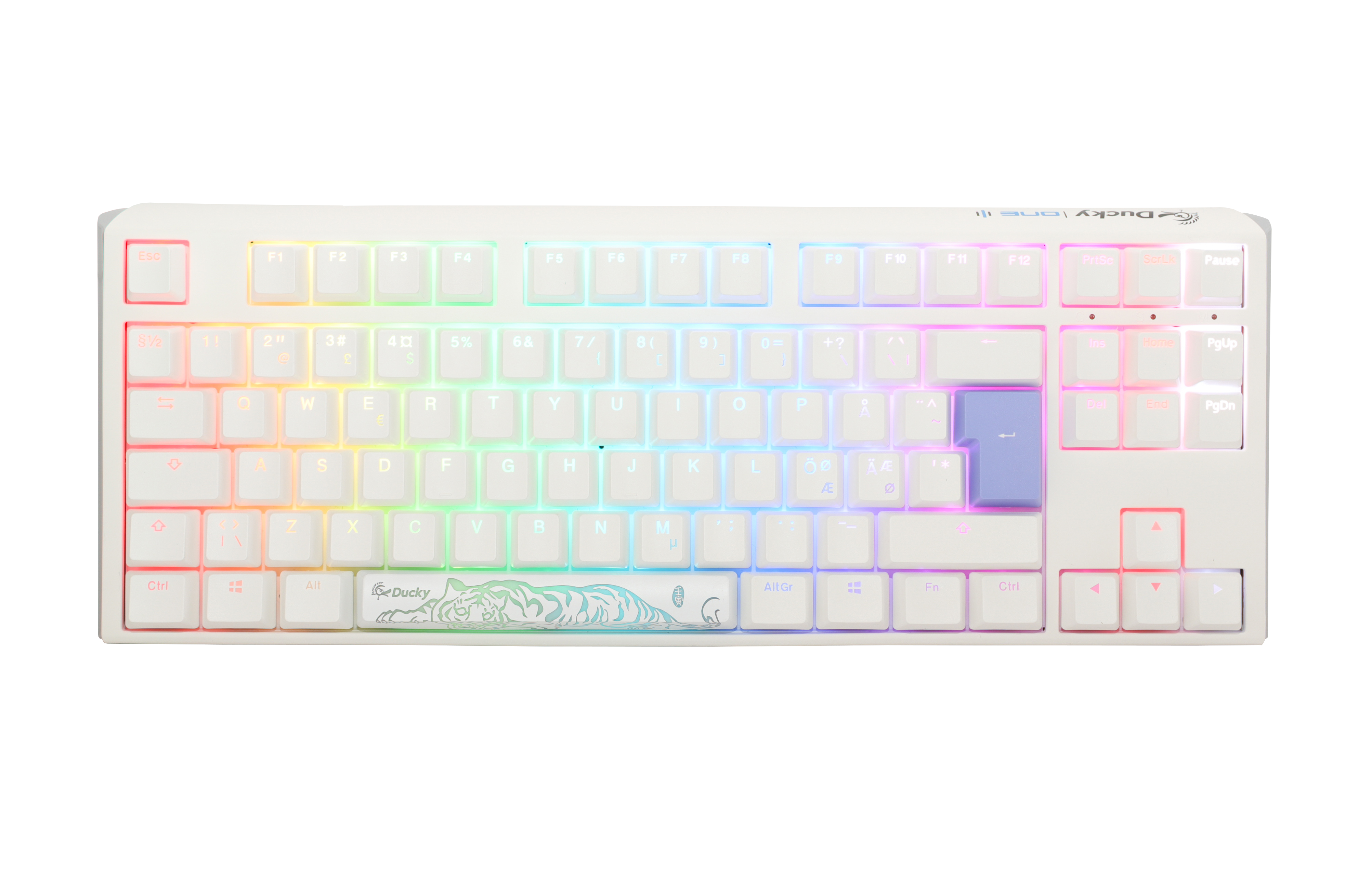 A Ducky white mechanical keyboard with PBT keycaps and pastel-colored, backlit keys featuring RGB lighting. The space bar has an artistic, teal wave design.