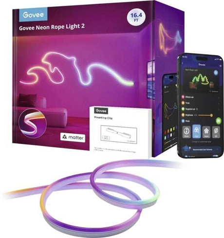 Govee Neon Rope Light 2-lysstrip med emballage og appillustration