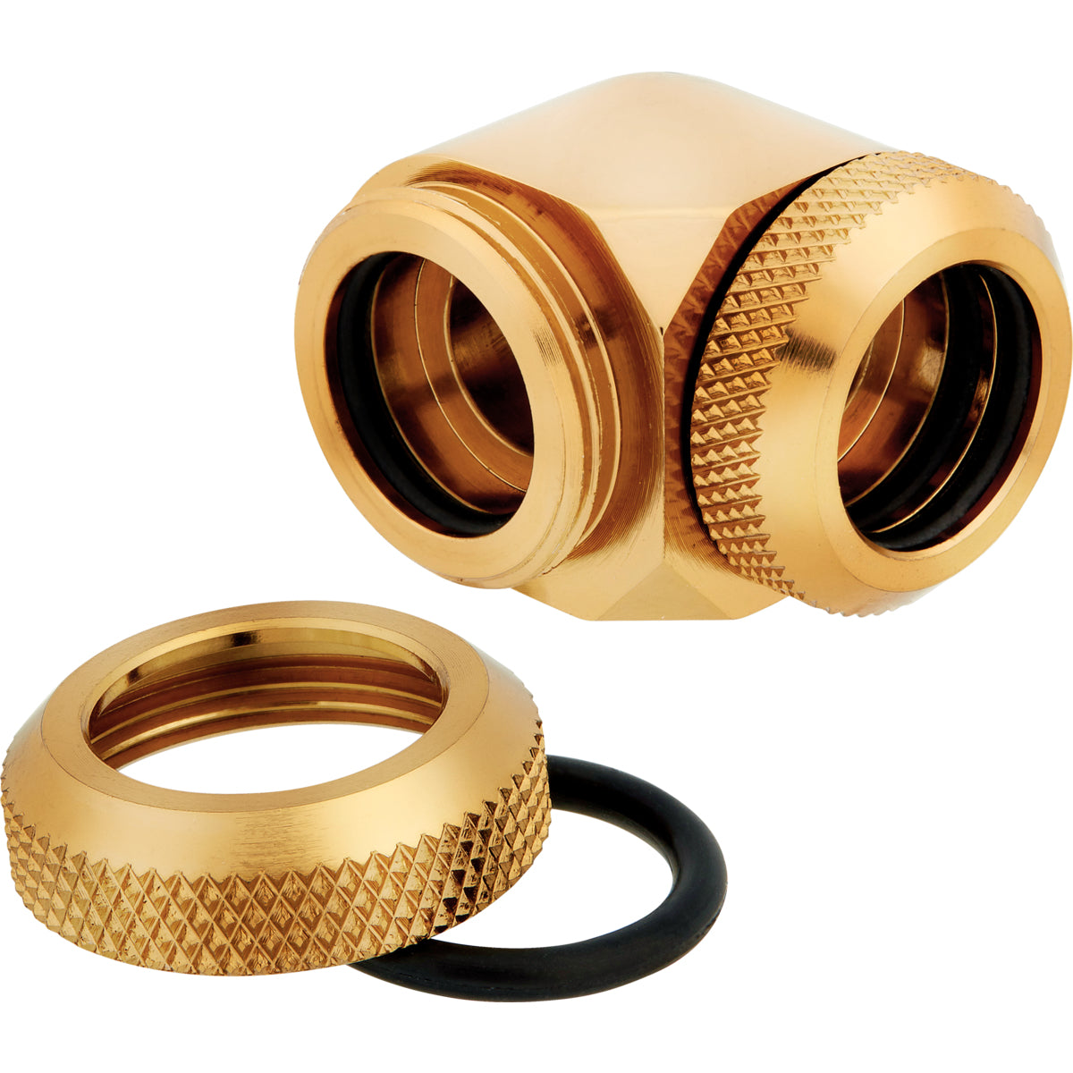 CORSAIR Hydro X Series XF Hardline 90° 14mm OD Vinklet fitting til flydende kølesystem 2-pack Guld