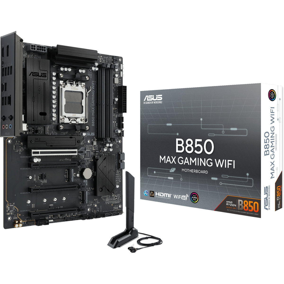 ASUS B850 MAX Gaming WiFi – bundkort med emballage og antenne