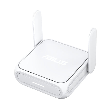 Hvid ASUS RT-BE58 Go rejserouter – set skråt ovenfra med antenner