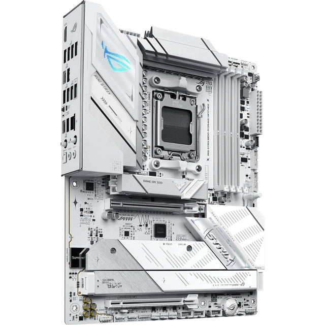 ASUS ROG STRIX B850-A GAMING WIFI7 NEO – hvidt bundkort set skråt forfra