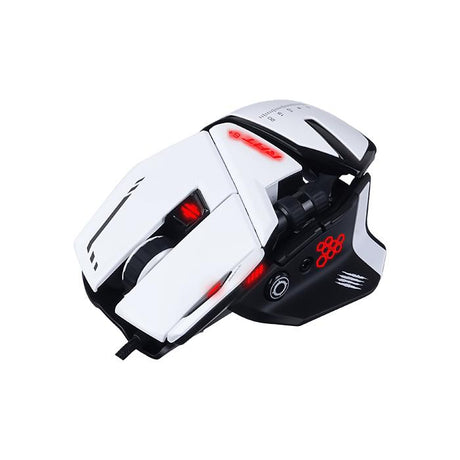 Hvid Mad Catz R.A.T. 6+ gamingmus set skråt fra siden med sideknapper