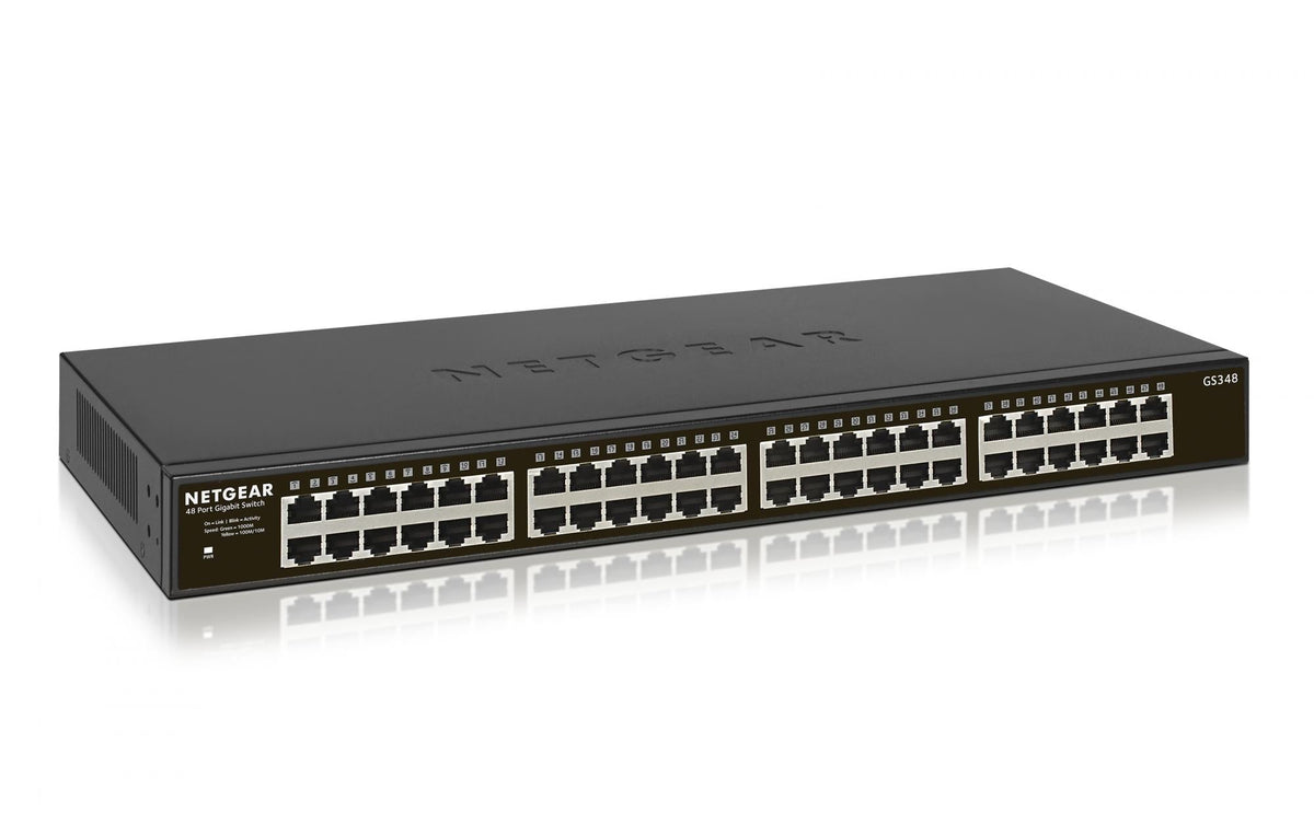 NETGEAR GS348 Gigabit-switch – med metalhus, set skråt