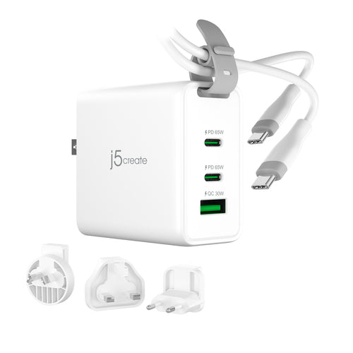 j5create – 65 W GaN USB-rejseoplader med stikadaptere