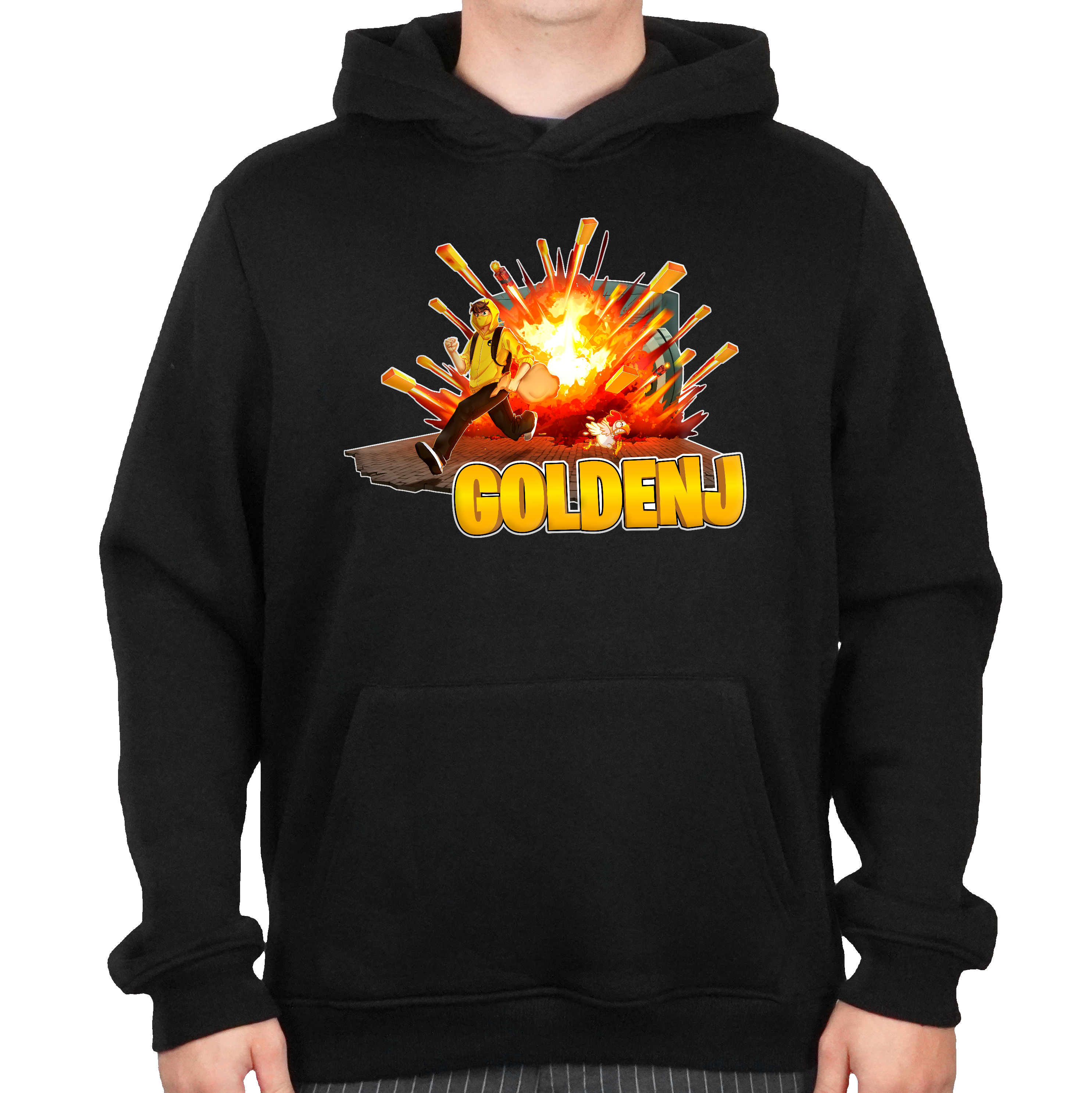 En mand iført en sort hoodie, hvor man kan se fronten, som har et GoldenJ mønster med en mand i en gul hoodie, som løber væk fra en eksplosion