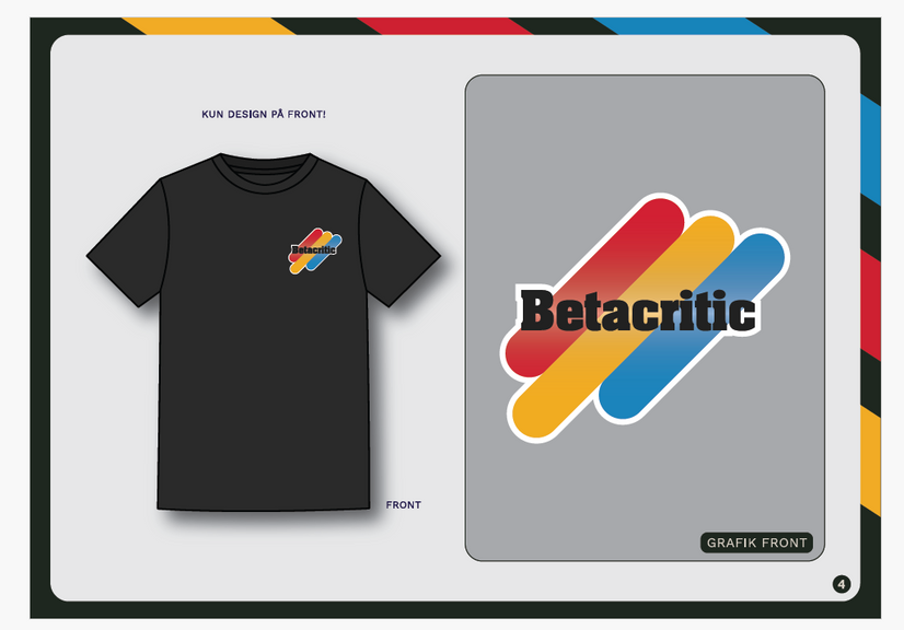Betacritic-T-shirt med oversigt over logoets placering på brystet