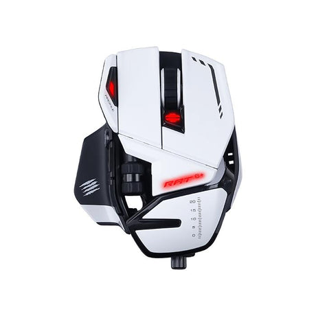 Hvid Mad Catz R.A.T. 6+ gamingmus med sorte detaljer og rødt lys, set oppefra