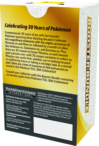 Pokémon TCG 30th Celebration – Booster Bundle – 6 pakker – æskens bagside med indholdsoplysninger