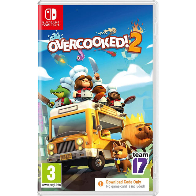 Overcooked 2 Nintendo Switch-cover med kokke og teksten Download Code Only