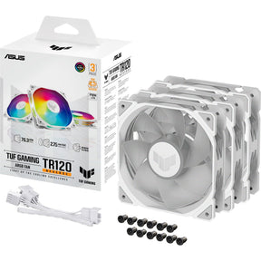 ASUS TUF Gaming TR120 ARGB Reverse – Hvid 3-pak med emballage, blæsere og tilbehør