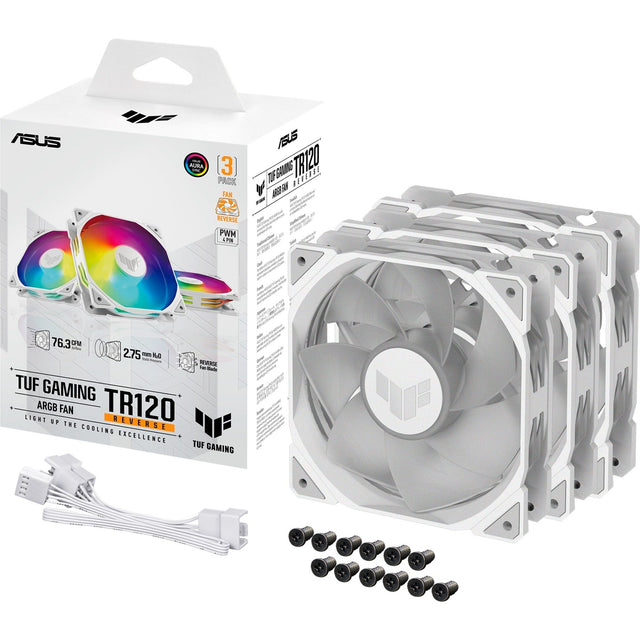 ASUS TUF Gaming TR120 ARGB Reverse – Hvid 3-pak med emballage, blæsere og tilbehør