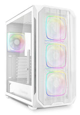 Hvidt Sharkoon AK5M RGB kabinet med meshfront, glasside og fire ARGB-blæsere