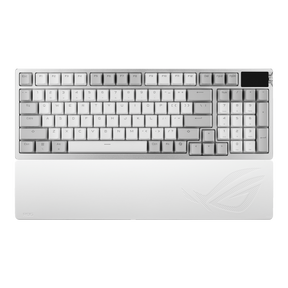Hvidt ASUS ROG Azoth 96 HE med håndledsstøtte – producentbillede med internationalt layout