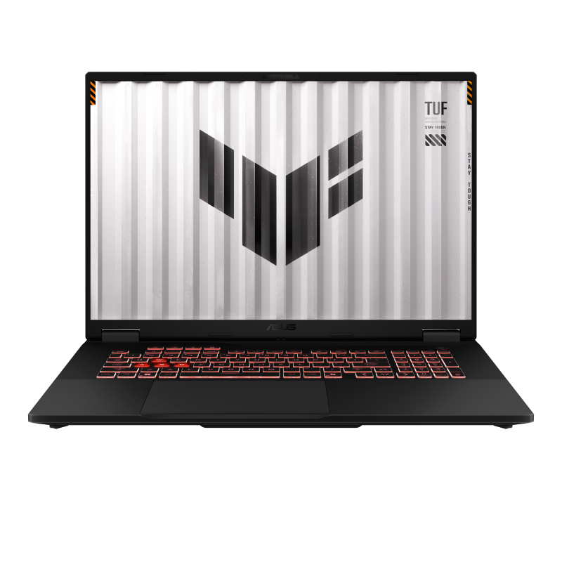 ASUS TUF Gaming A18 i grå med åben skærm; tastaturlayout er illustrativt