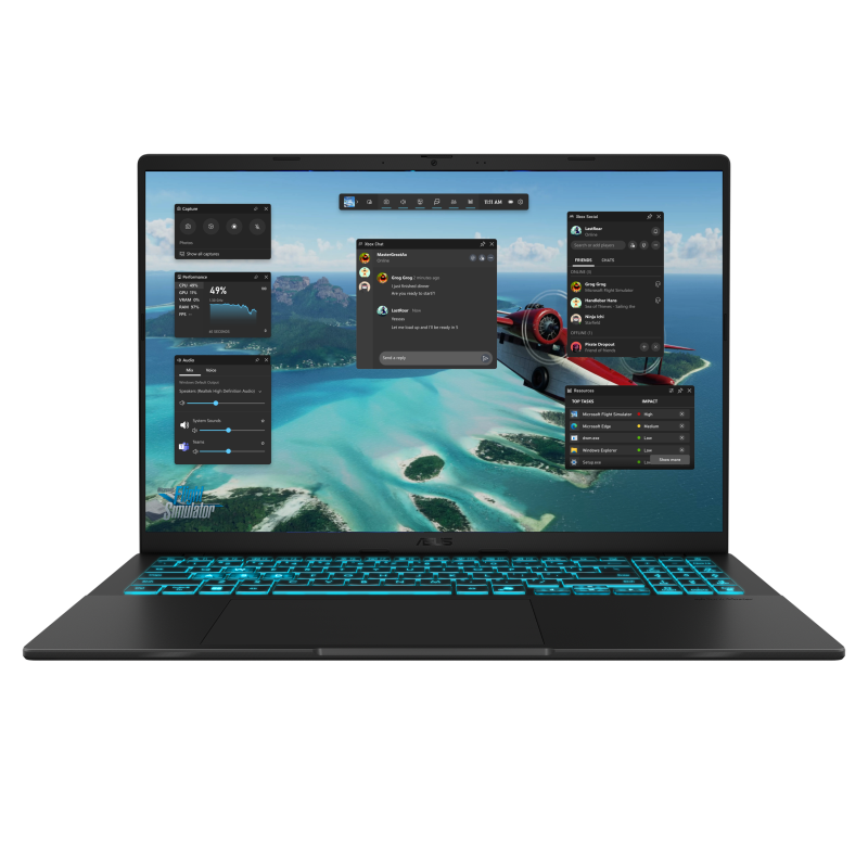 ASUS V16 V3607VP-TK084W – Core 7, RTX 5070 – 16 GB / 1 TB – US-tastatur – bærbar forfra med skærm, producentillustration