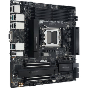 ASUS Pro WS B850M-ACE SE – sort workstation-bundkort set skråt forfra