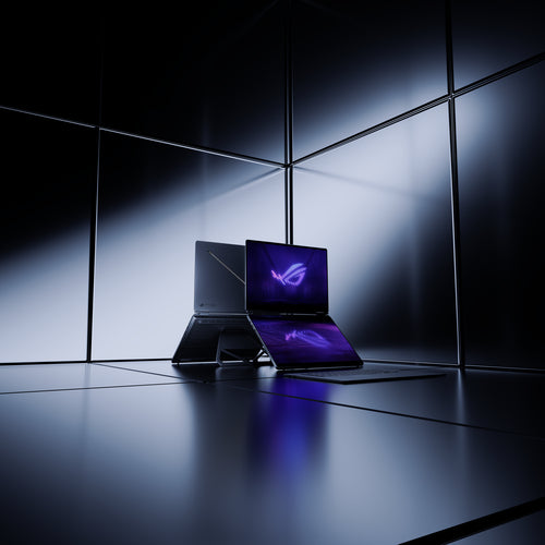 ASUS ROG Zephyrus Duo GX651AR-SR042W – illustreret i brug (vinkel 2); tastaturlayout illustrativt