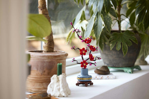 LEGO Botanicals 10369 – Japansk abrikostræ – blomstermodellen på en kommode ved et vindue