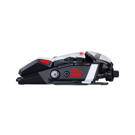 Hvid Mad Catz R.A.T. 6+ gamingmus set fra siden med røde detaljer