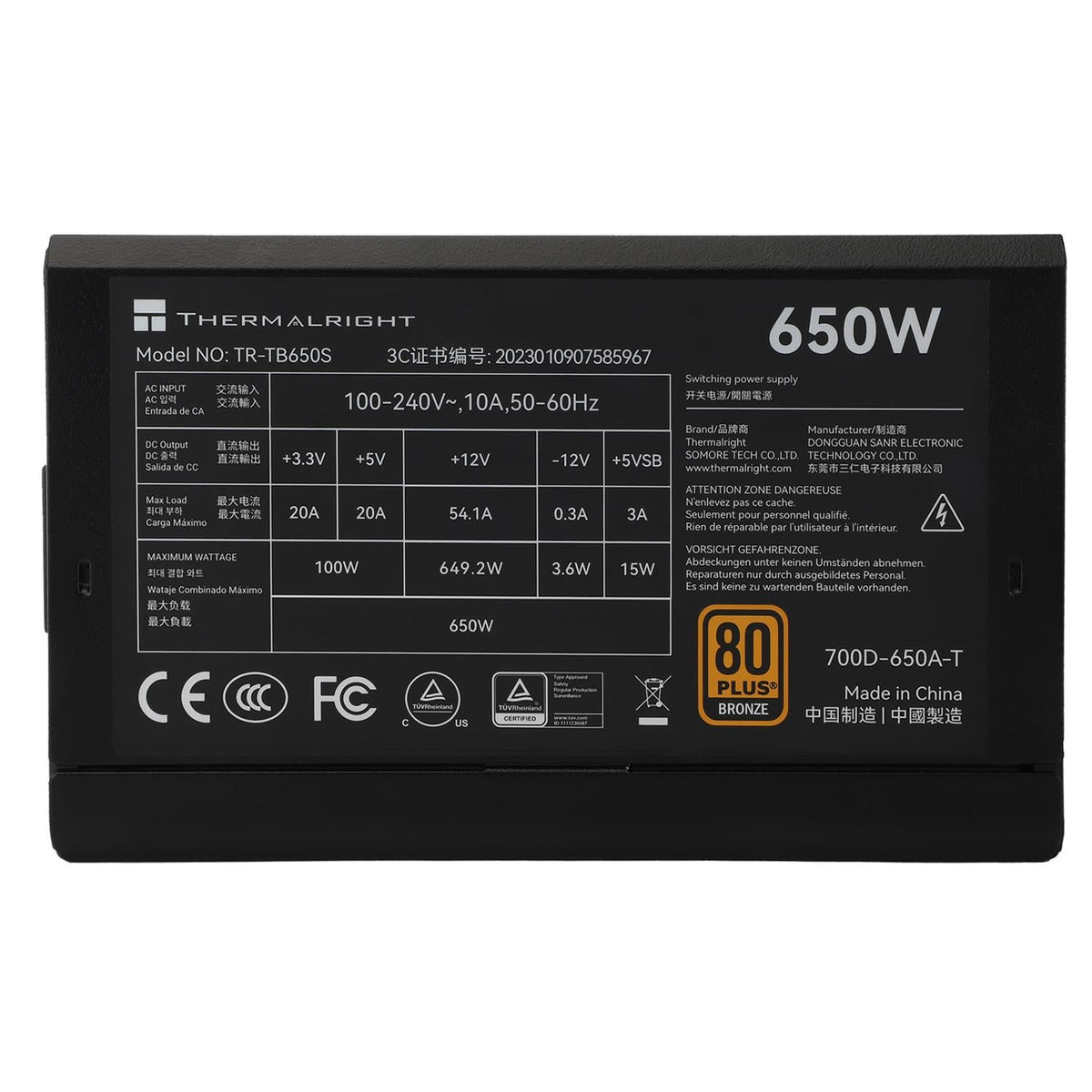 Thermalright TR-TB650S  Black -PSU, 80+ Bronze, 650W Shenzhen Deli Ming Technology Co. LTD (Thermalright)