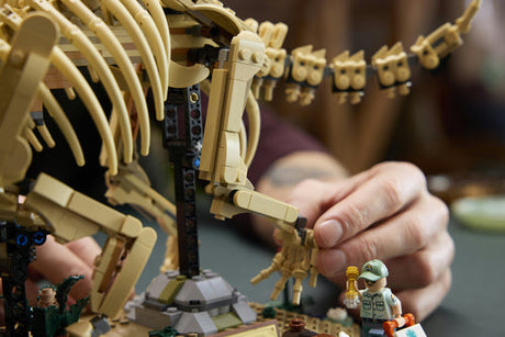 LEGO Jurassic World 77985 Triceratops-fossil – nærbillede af ben og minifigur under bygning