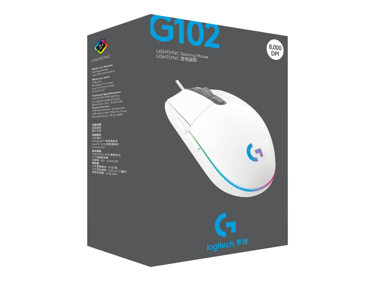 Logitech Gaming Mouse G102 LIGHTSYNC Optisk Kabling Hvid