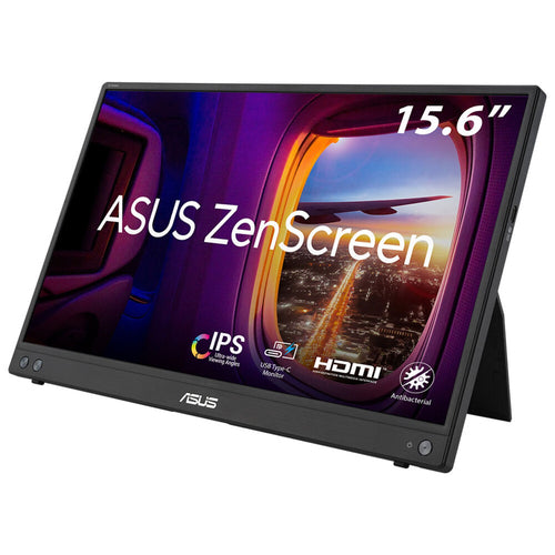 ASUS ZenScreen MB16AHV – skråt forfra med oversigt over skærmens funktioner