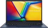 ASUS Vivobook 14 F1404VA-EB055W i Quiet Blue, set forfra med åben skærm. Tastaturillustrationen kan afvige fra det nordiske leveringslayout.