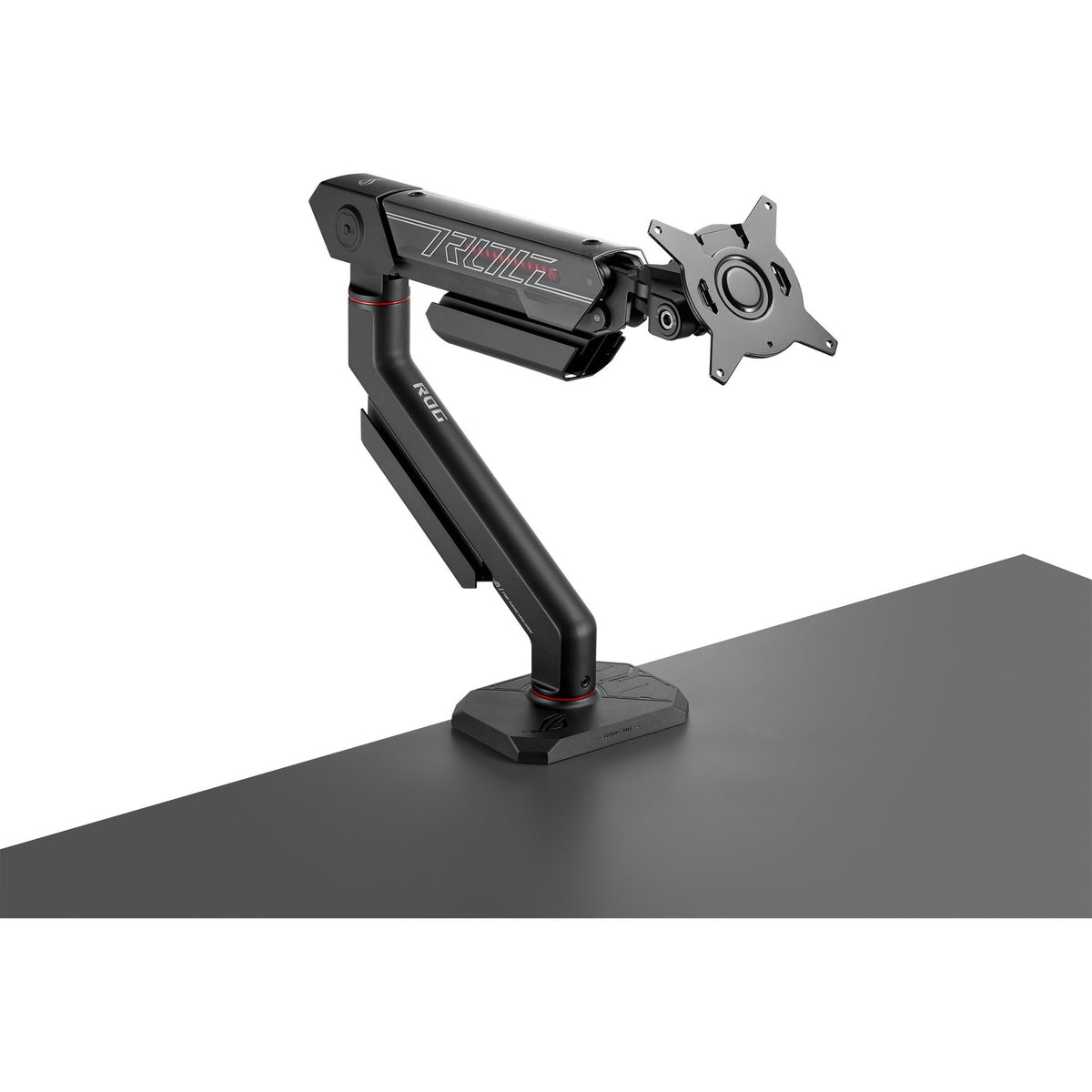 ASUS ROG Ergo AAS01R skærmarm – monteret på bord med VESA-beslag