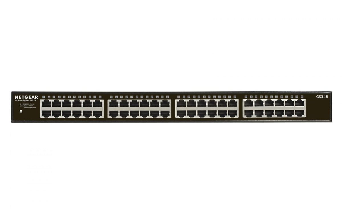 NETGEAR GS348 Gigabit-switch – front med to rækker netværksporte