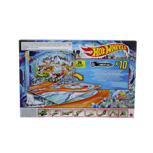 Hot Wheels julekalender 2026 – 10 biler og tilbehør – JLG41 – emballagens bagside