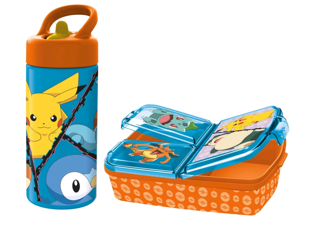 Stor Pokémon-sæt med orange 3-rums madkasse og 410 ml drikkedunk
