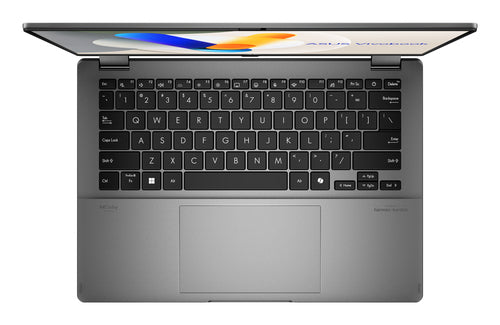 ASUS Vivobook 14 Flip TP3407SA-QL023W Copilot+ PC – taster og arbejdsflade set ovenfra; tastaturlayout illustrativt
