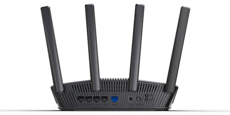 ASUS RT-BE59 sort Wi-Fi 7-router – bagpanel med WAN- og LAN-porte