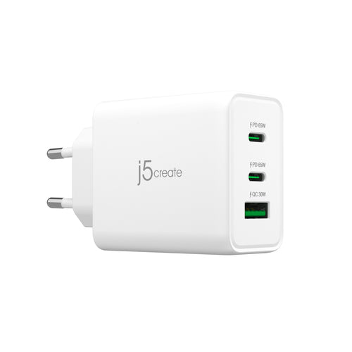 j5create 65 W GaN-oplader – 2×USB-C og USB-A – EU – Oplader og EU-stik