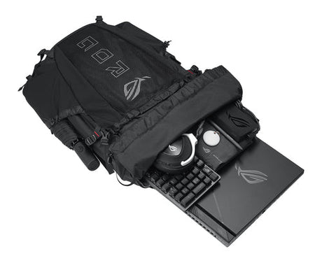 ASUS ROG Archer ErgoAir BP3800 – åben rygsæk med computer og gamingudstyr som pakkeeksempel