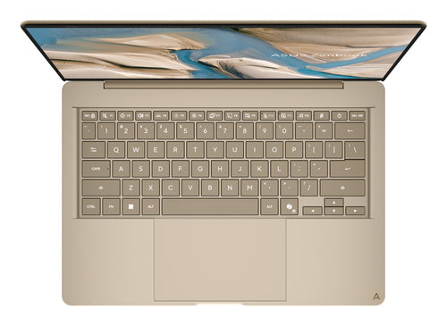 ASUS Zenbook 14 UX3480QA-U1157W – tastatur og arbejdsflade set ovenfra; layout på billedet er illustrativt
