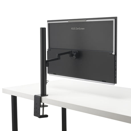 ASUS ZenScreen MB27ACF – skærmens bagside og C-clamp-arm på bord