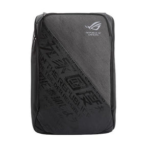 ASUS ROG Ranger BP1500 sort og grå rygsæk forfra med diagonalt mønster og ROG-logo