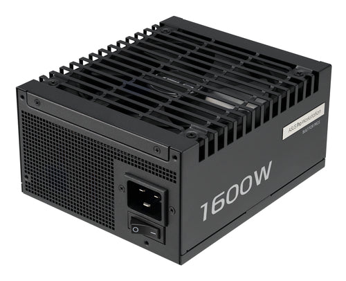 ASUS Pro WS 1600W Platinum – skråt produktfoto med strømstik og sidepanel