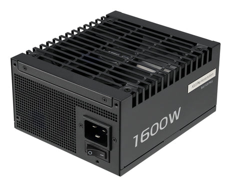 ASUS Pro WS 1600W Platinum – skråt produktfoto med strømstik og sidepanel