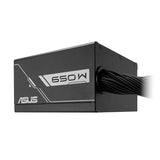 ASUS PRIME-650B-BLACK – side med 650W-mærkning og fast kabelbundt
