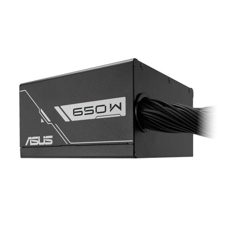 ASUS PRIME-650B-BLACK – side med 650W-mærkning og fast kabelbundt