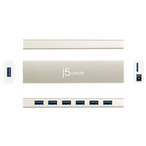 j5create JCH377 – USB-C-hub med 7 USB-A-porte – EU/UK – Oversigt over sider og porte