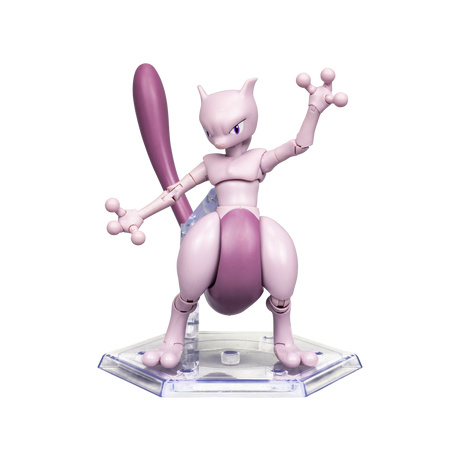 Pokémon Select Mewtwo figur med bevægelige led på gennemsigtig udstillingsstander