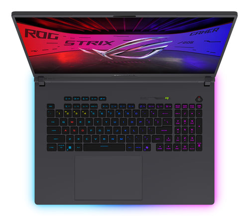 ASUS ROG Strix G18 G815LW-SA358W – tastatur og arbejdsflade set ovenfra; layout på billedet er illustrativt